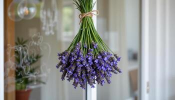 a bouquet of lavender hanging upside down to drys photo