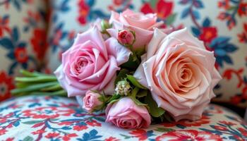 a bouquet resting on a patterned cushions photo