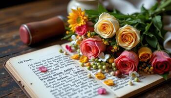 a bouquet lying on an old journals photo
