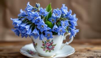 a bouquet of bluebells arranged in a teacups photo