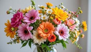 a bouquet of assorted spring flowers in a clear vases photo
