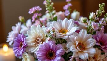 a bouquet of mixed blooms under soft candlelights photo