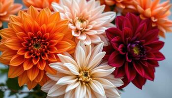 a bouquet of orange and burgundy dahliass photo