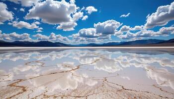 a white salt flat reflecting the clouds aboves photo