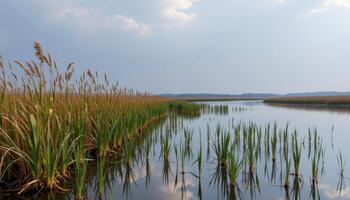 a quiet marsh with reeds and still waters photo
