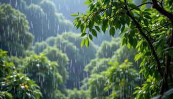 rain falling gently in a dense green forests photo