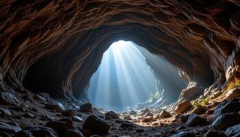 a cave with sunlight streaming through the entrances photo