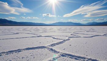 a salt flat stretching endlessly under the suns photo