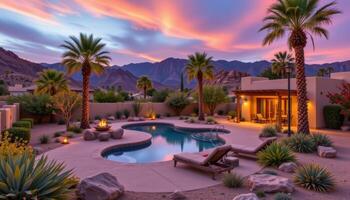 a desert oasis with palm treess photo