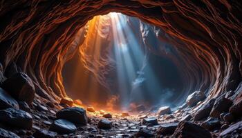 a cave with glowing minerals and sunlight streaming ins photo