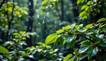 a rain drenched forest with glistening leavess photo