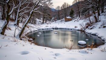 a quiet snowy landscape with a frozen ponds photo