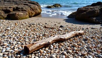 a rocky beach with driftwood and shellss photo