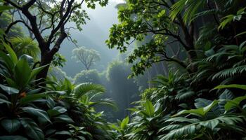 a tropical rainforest with mist in the airs photo