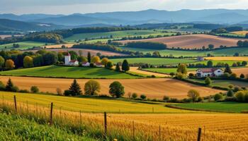 a rustic countryside with patchwork fieldss photo