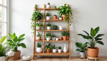 a wooden ladder shelf with various indoor plantss photo