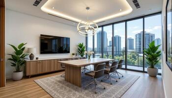 a modern office corner with a large areca palms photo