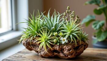 a cluster of air plants on a driftwood mounts photo