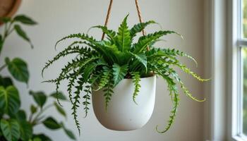 a bird's nest fern in a hanging pots photo