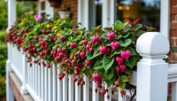 purple heart plants lining a balcony railings photo