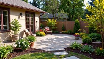 a pebble lined patio with potted shrubss photo