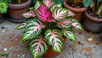 a leaf patterned caladium in a clay pots photo