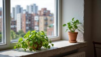 a jade plant on a minimalist concrete windowsills photo