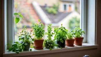 a collection of herbs on a kitchen window ledges photo
