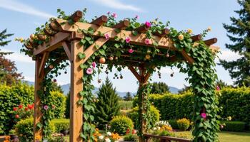 a wooden pergola covered in climbing viness photo