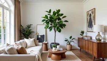 a tall fiddle leaf fig in a modern living room corners photo