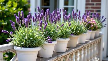 lavender in white pots along a balcony railings photo