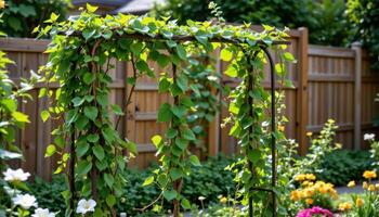 a garden trellis covered in creeping viness photo