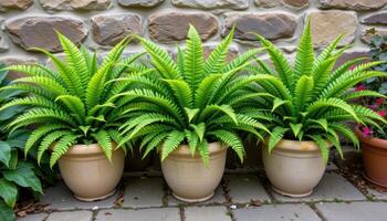 a group of boston ferns in stone potss photo