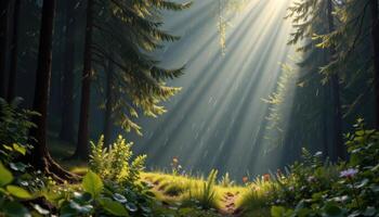 still forest scene with light rain fallings photo
