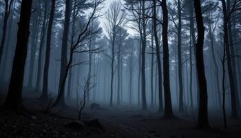 mysterious forest at twilight with fogs photo