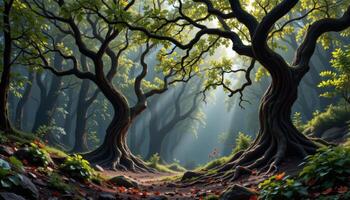 a deep forest with ancient twisted treess photo