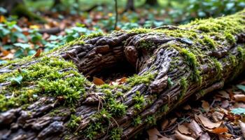 a fallen tree trunk covered in thick mosss photo