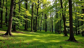 a quiet forest hill with soft green grasss photo