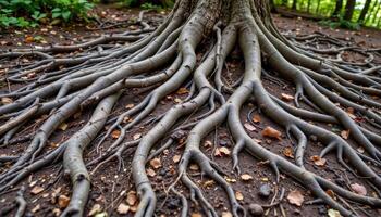a tangle of roots across the forest floors photo