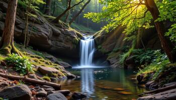 a hidden waterfall deep in the forests photo
