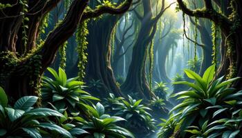 a dense jungle with cascading viness photo