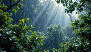 rain soaked forest with glistening leavess photo