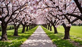 a path lined with cherry blossom trees in blooms photo
