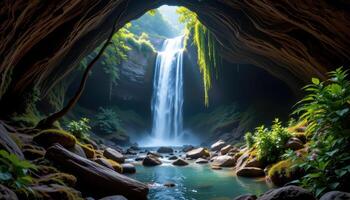 secret forest cave behind a waterfalls photo