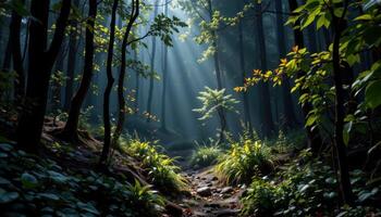 a shadowy forest with thick, tangled underbrushs photo