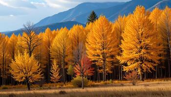 forest of golden leaved trees in late autumns photo