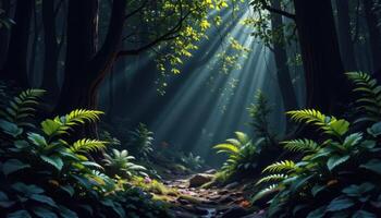 shadowy forest glade surrounded by fernss photo