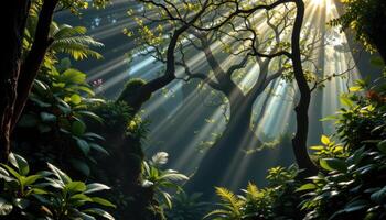 deep jungle with sunbeams breaking throughs photo