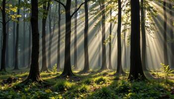forest with shimmering light beams and hazes photo
