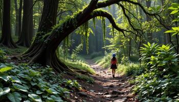secret forest path with hanging viness photo